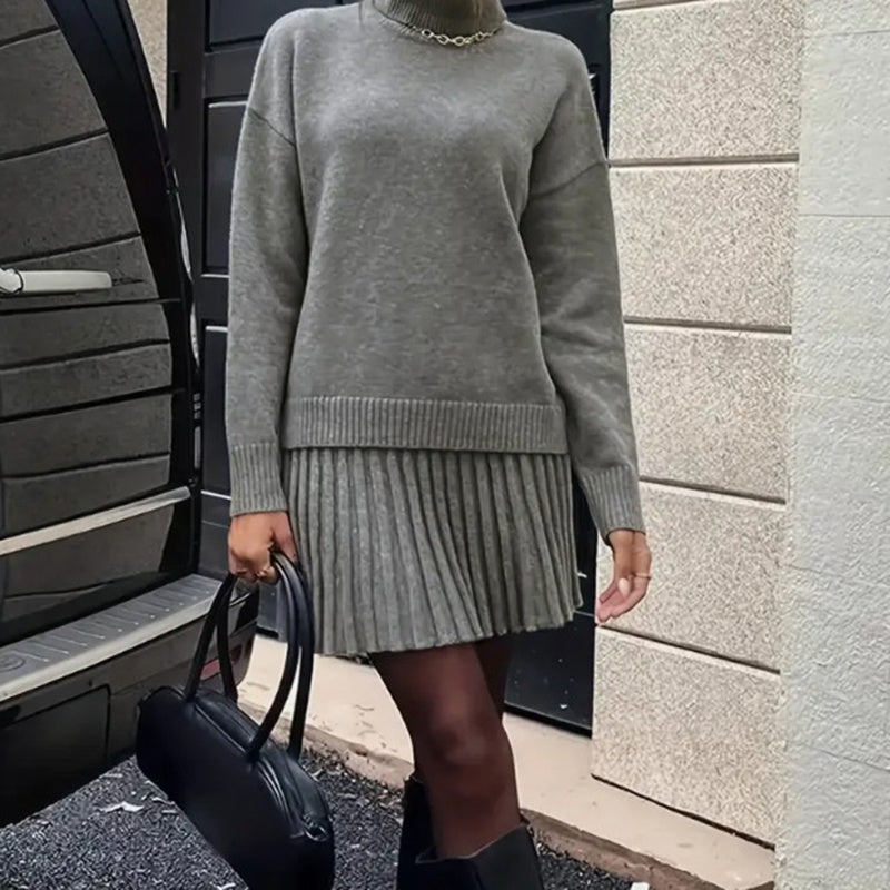 Women's Ribbed Knit Two Piece Set, Long Sleeve Turtleneck Pullover And Mini Skirt Outfit