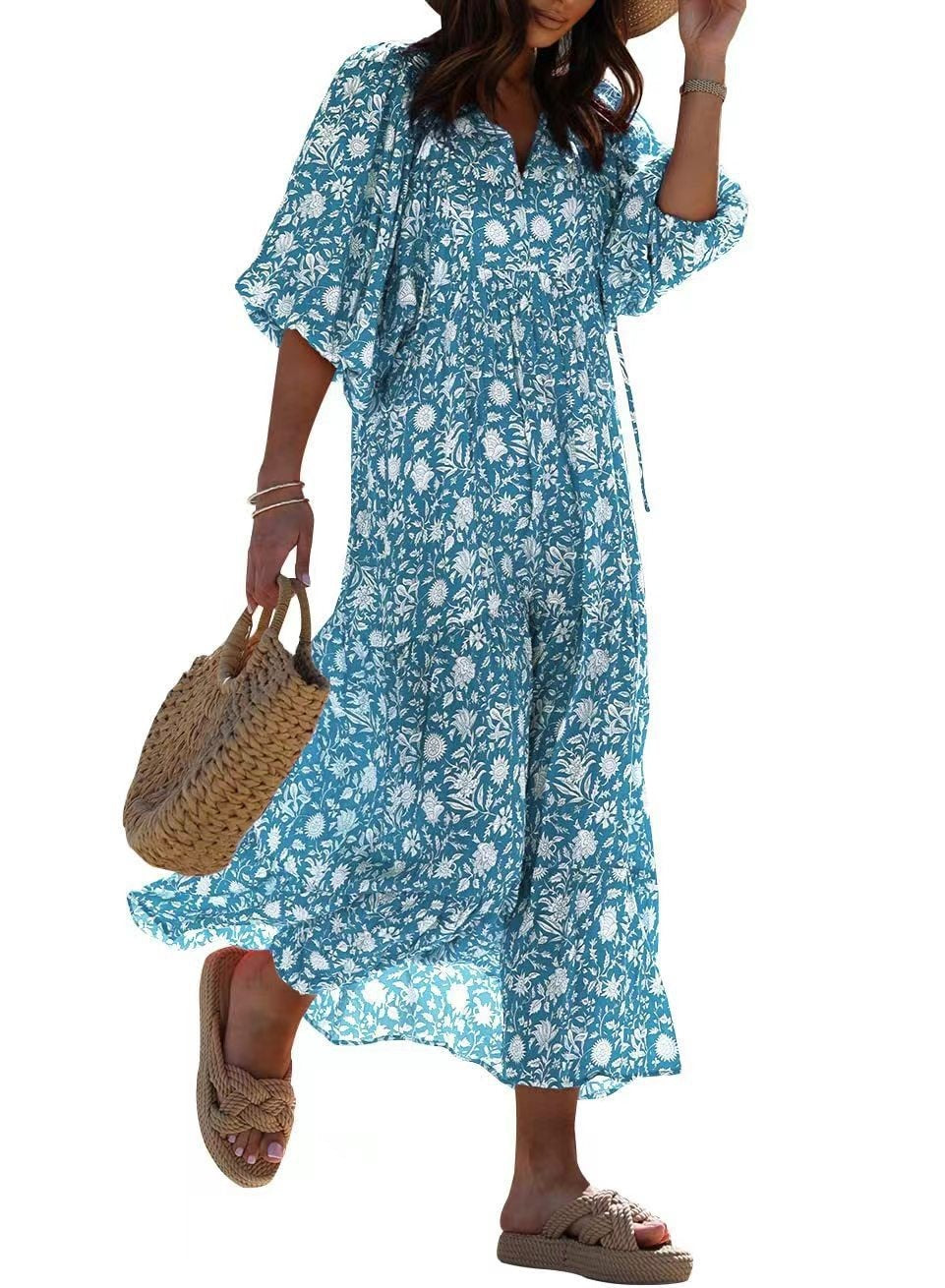 Geometric Print Puff Sleeve Dress Plus Size Women's Clothing