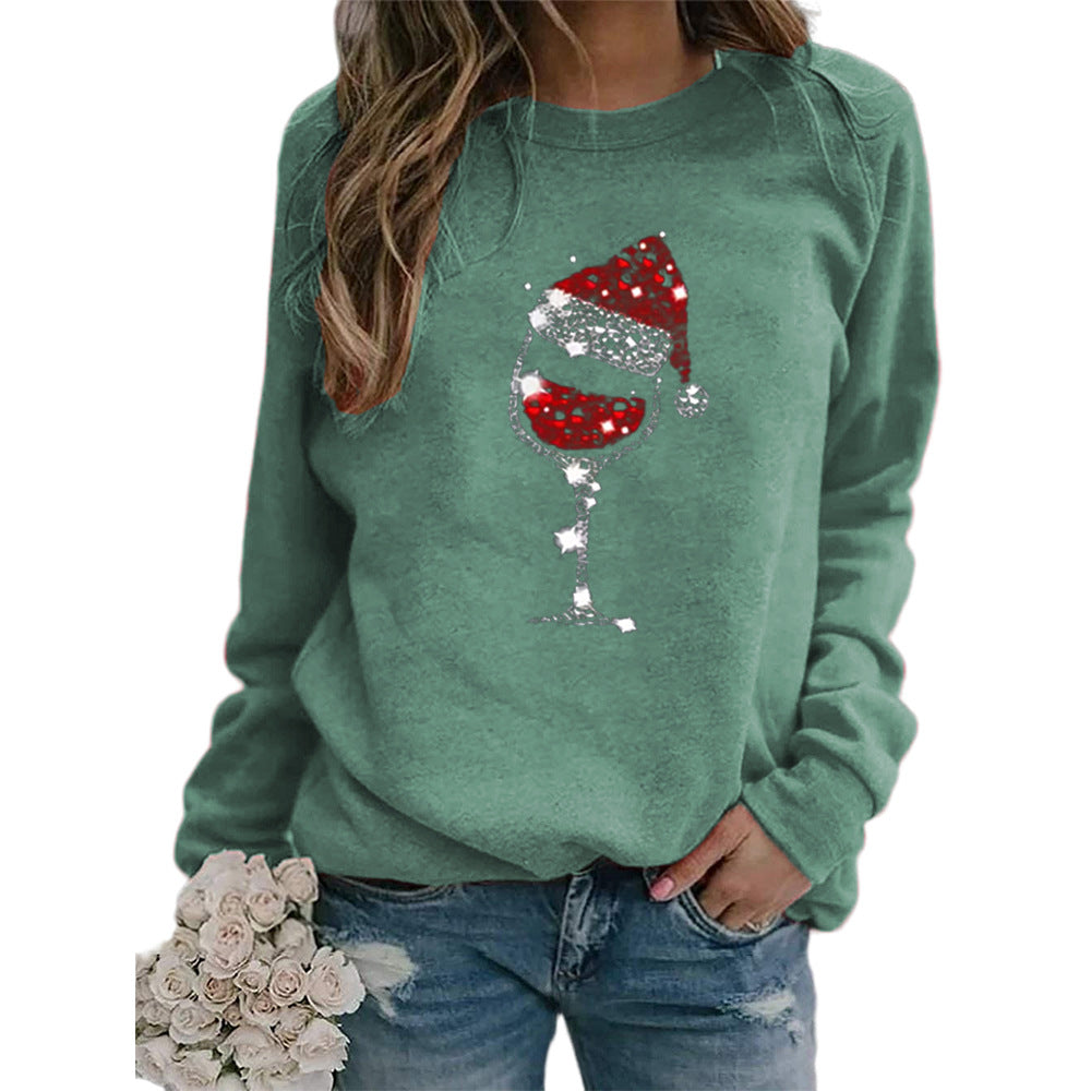 Clothing Christmas Women's Sweater Christmas Hat Red Wine Glass Graphic Print Crew Neck Long-sleeved Sweater