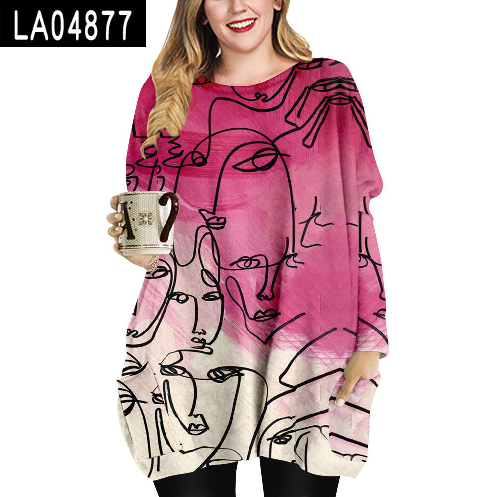 Abstract Face Plus Size Women's Clothing Crew Neck Casual Loose Dress