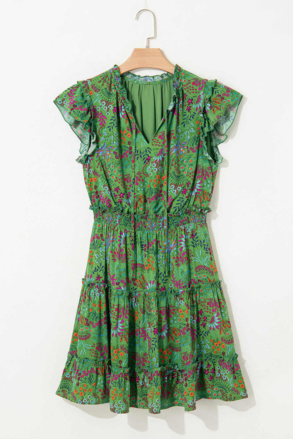 Green Floral Tie Split Neck Frilly Ruffle Trim Tiered Short Dress