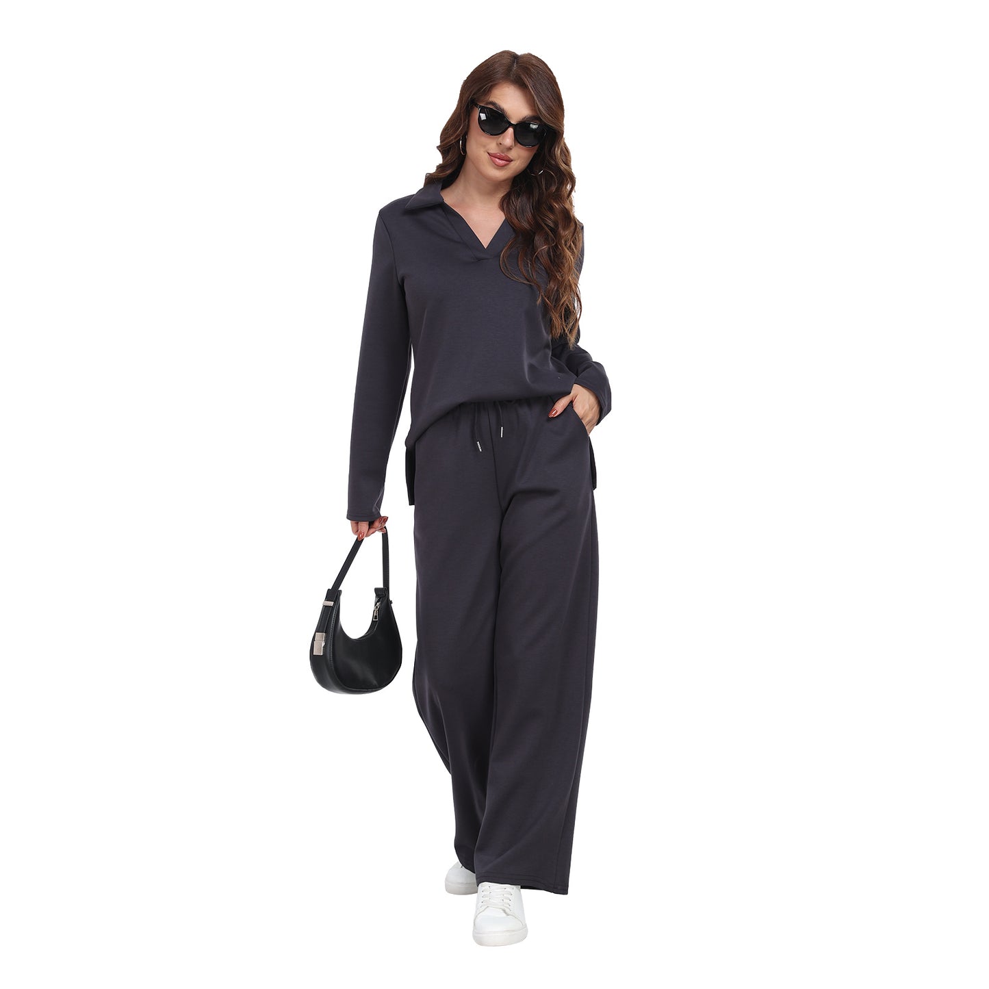 RONGTAI 2 Piece Outfits Sweatsuit For Women Casual Long Sleeve V Neck Pullover Tracksuit Solid Soft Comfy Tracksuits Set
