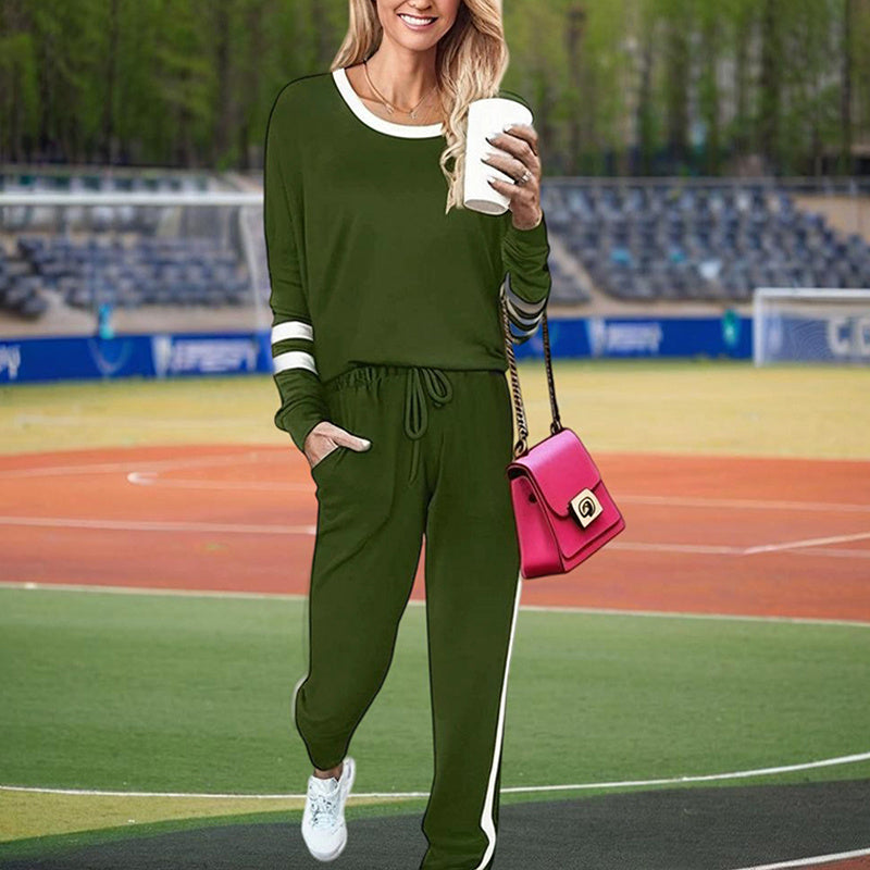 Women's Casual Striped Tracksuit Set, Long Sleeve Crewneck Sweatshirt And Drawstring Jogger Pants, 2-Piece Outfit For Spring And Fall
