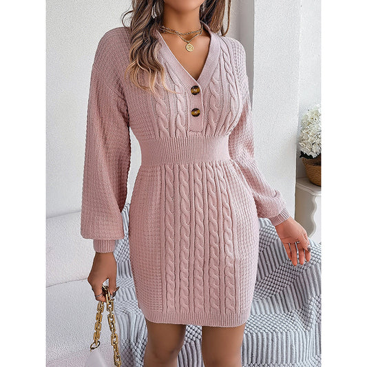 Women's Cable Knit Sweater Dress - V-Neck Button Front Lantern Sleeve Bodycon Mini Dress