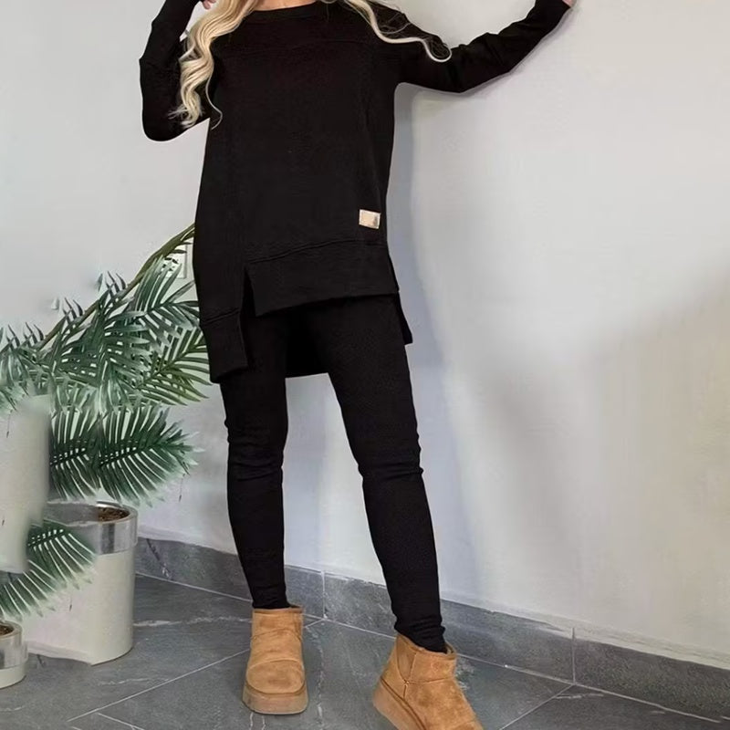 Women's 2-Piece Lounge Set, Casual Long Sleeve Side Slit Sweatshirt Outfit With Stretchy High Waist Leggings