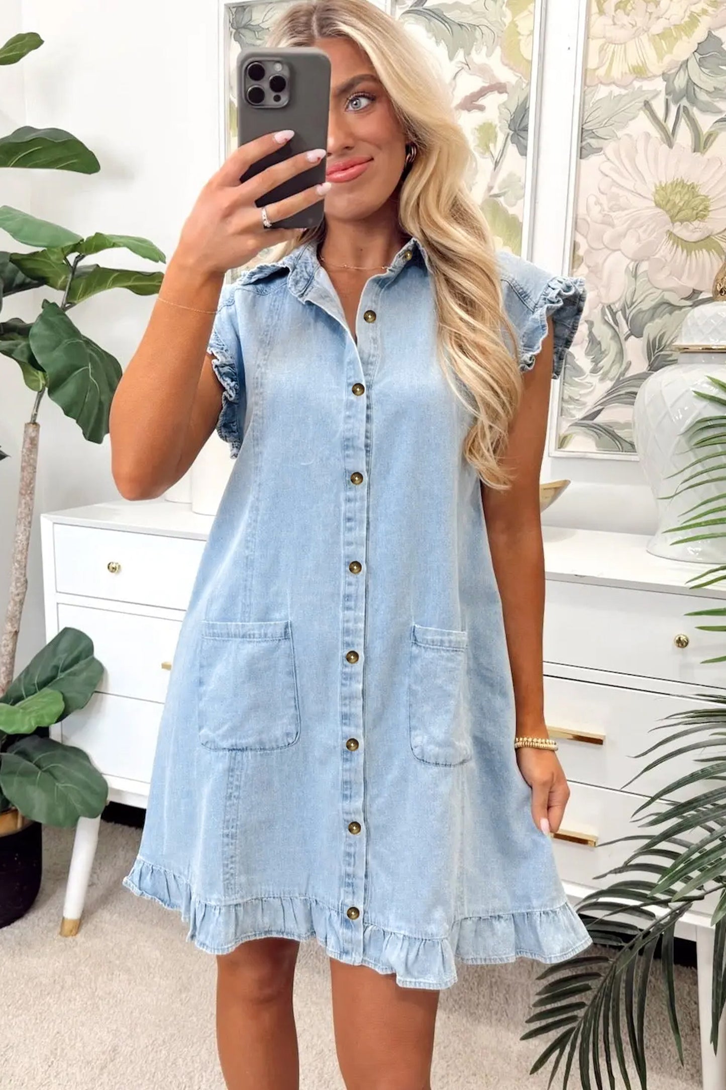 Beau Blue Ruffled Edge Collared Shift Denim Dress with Pockets