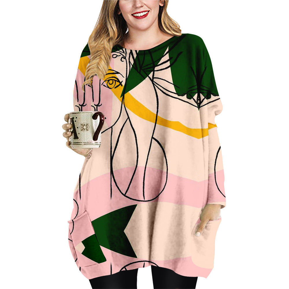 Abstract Face Plus Size Women's Clothing Crew Neck Casual Loose Dress