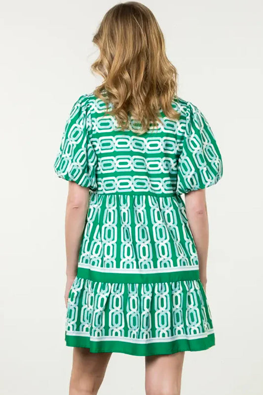 Bright Green Abstract Patterned V Neck Puff Short Sleeve Mini Dress