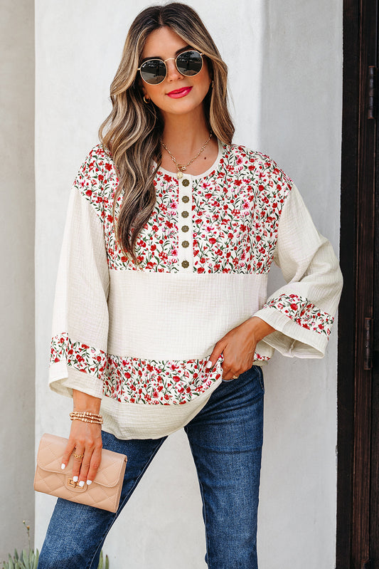 Red Floral Print Gauze Patchwork Henley Button 3/4 Sleeve Blouse