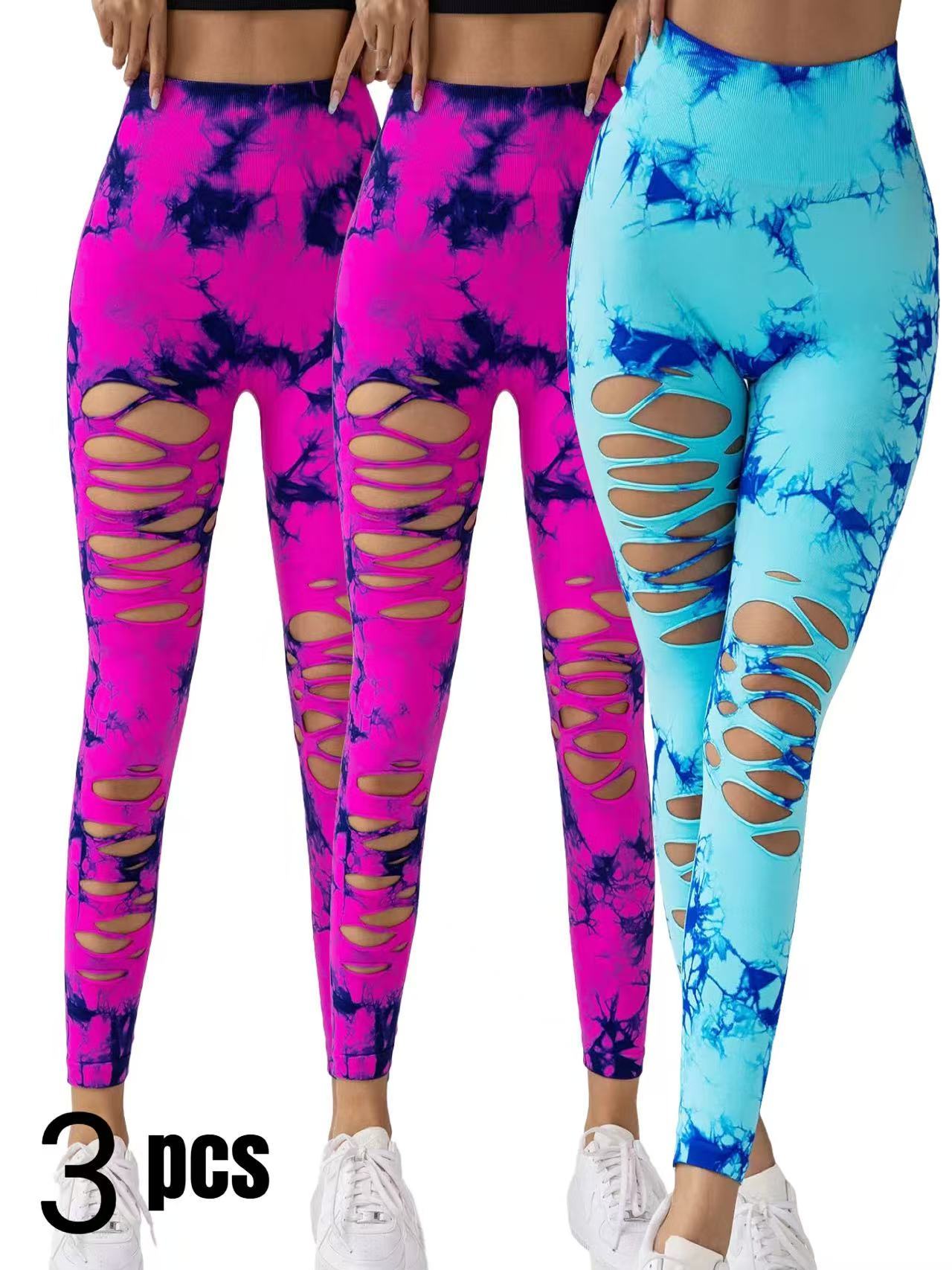 3 Pack New Style Hollow-Out Tie-Dye High-Waisted Tummy-Control Yoga Pants