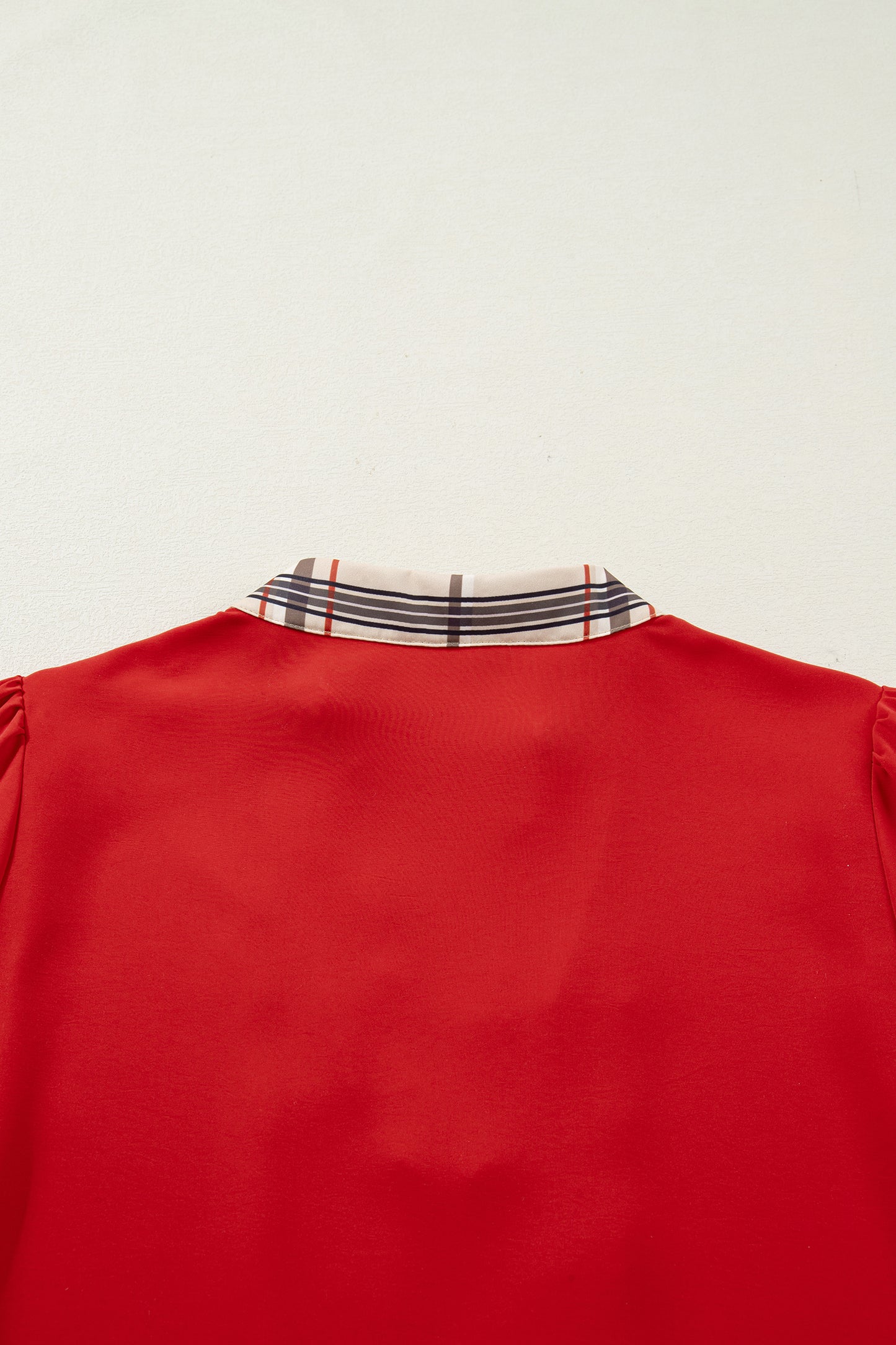 Racing Red Contrast Plaid Patchwork V Neck Long Sleeve Blouse