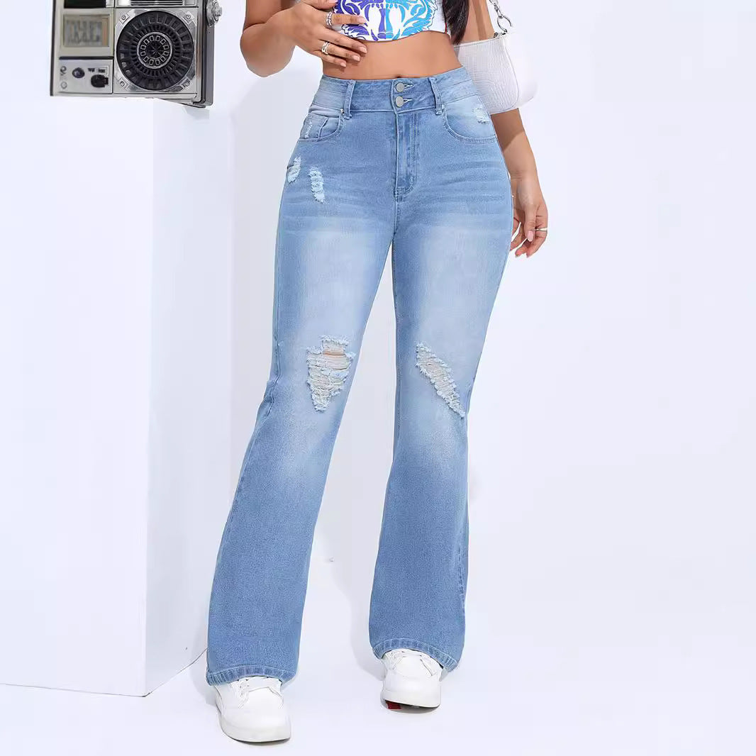 Women's High Elastic Hole Slim Fit All-match Denim Trousers