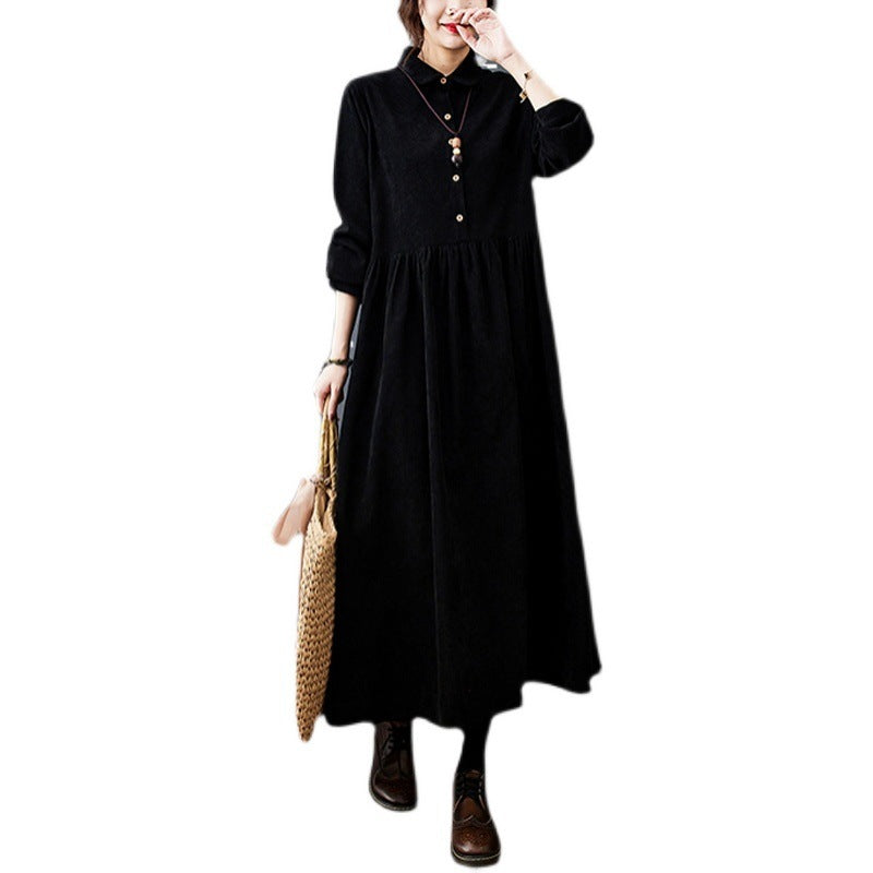 Autumn Clothing New Women's Clothing Plus Size Leisure Warm Corduroy Lapel Long Dress