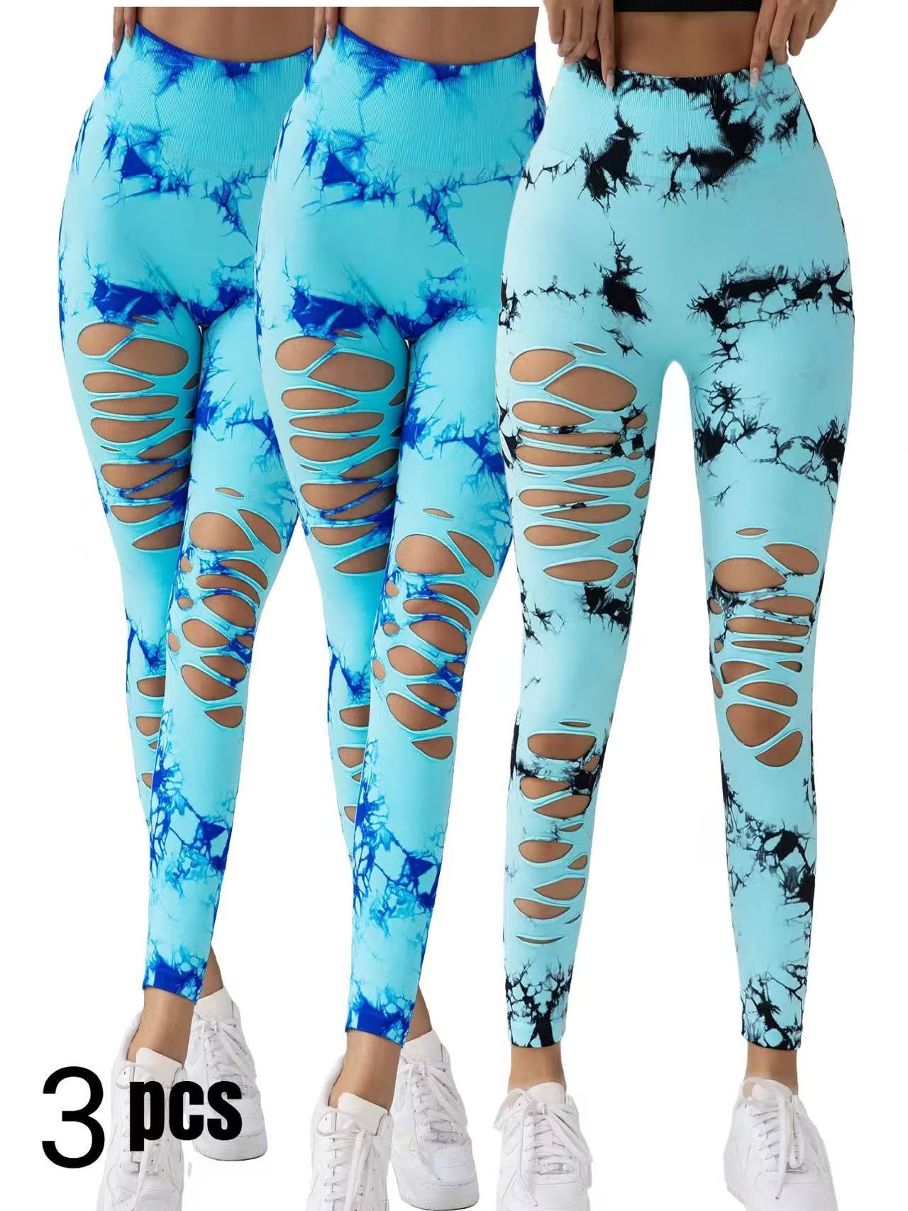 3 Pack New Style Hollow-Out Tie-Dye High-Waisted Tummy-Control Yoga Pants