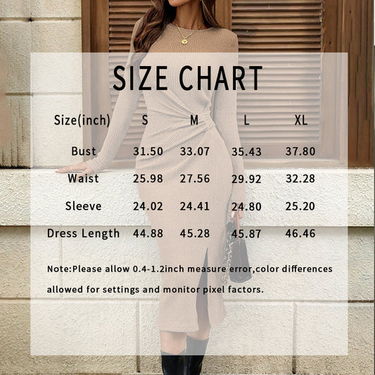 Women's Casual Twist Front Long Sleeve Midi Dress Round Neck Split Hem Bodycon Dresses