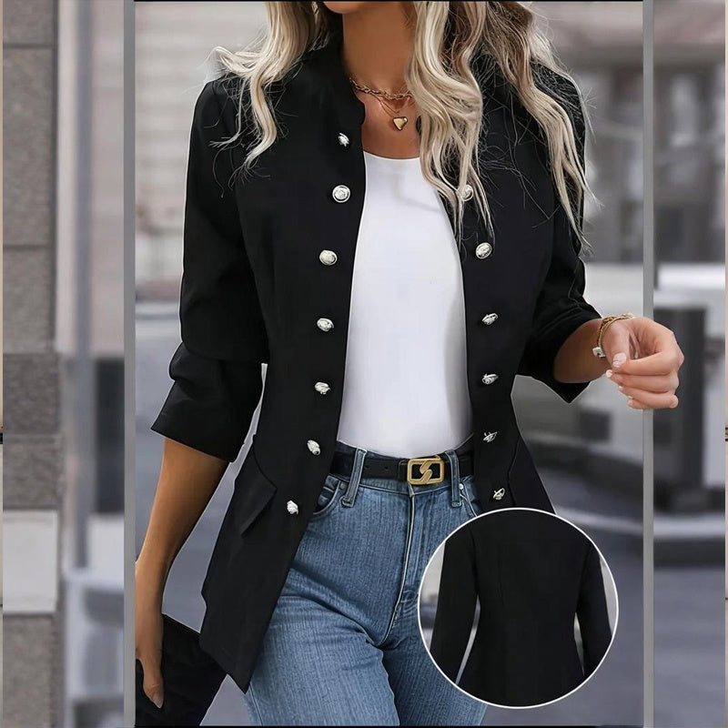 Women's Solid Color Stand Collar Double Breasted Long Sleeve Cardigan Office Casual Jacket For Spring&Fall