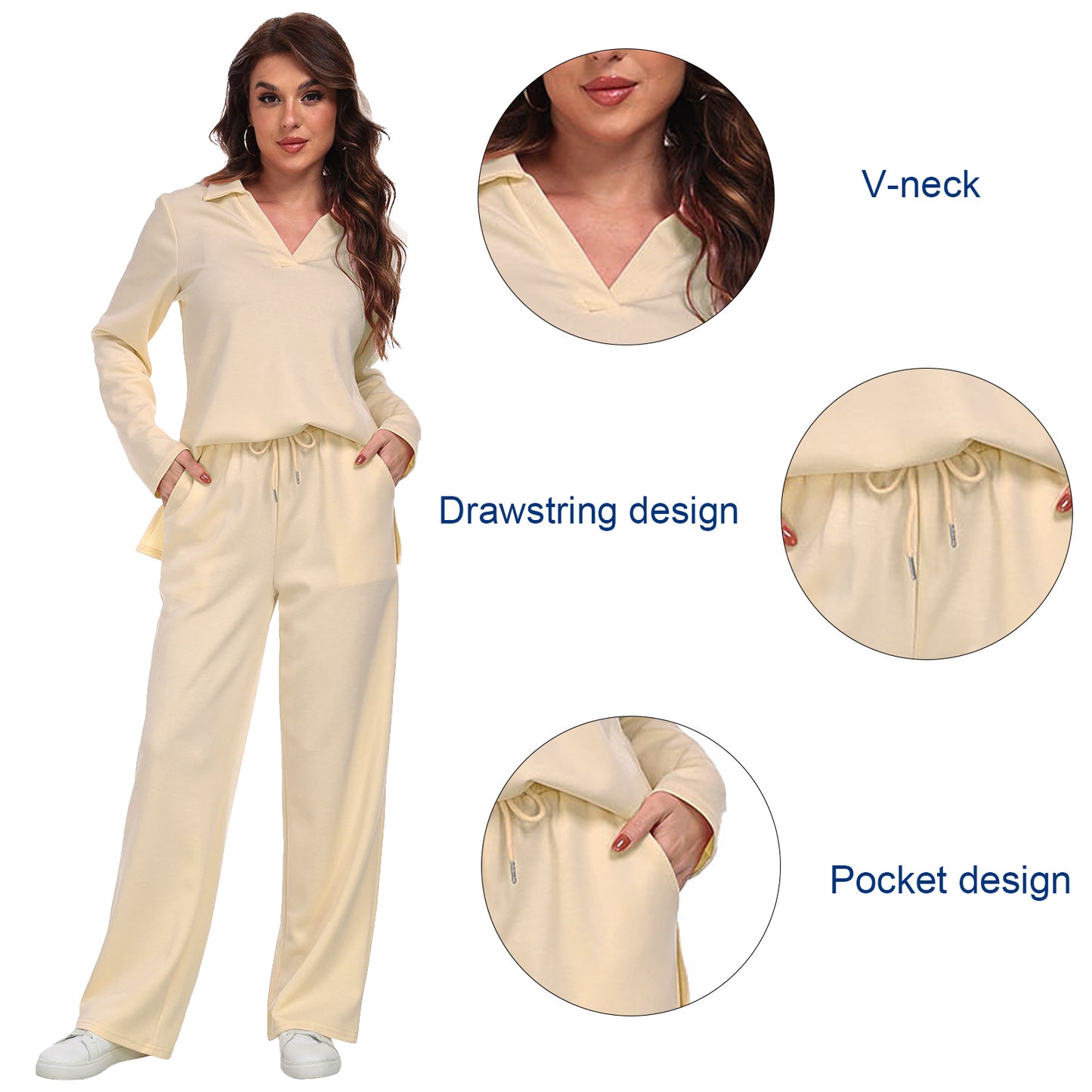 RONGTAI 2 Piece Outfits Sweatsuit For Women Casual Long Sleeve V Neck Pullover Tracksuit Solid Soft Comfy Tracksuits Set