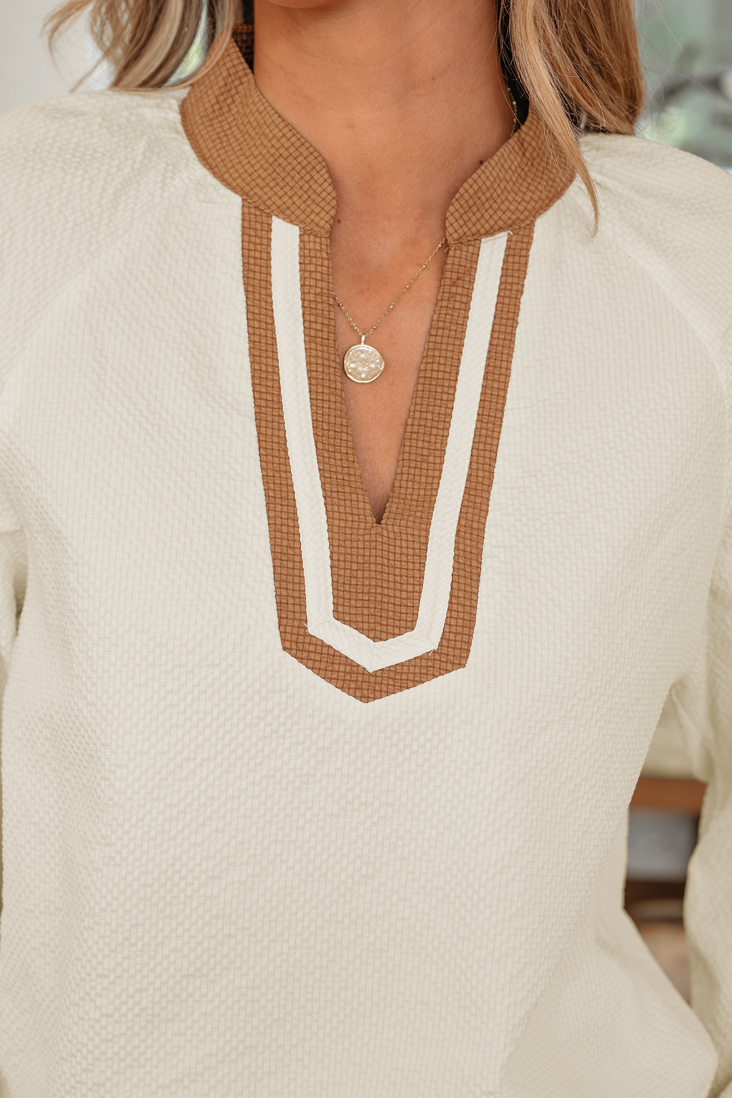 Jet Stream Color Block Patchwork Detail V Neck Textured Long Sleeve Blouse