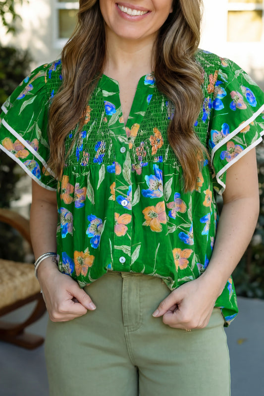 Green Plus Size Ruffled Short Sleeve Floral Top
