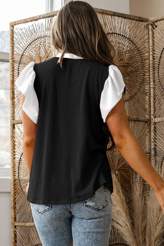 Black Plus Size Contrast Frilled Neckline Ruffled Short Sleeve Ribbed Textured Blouse