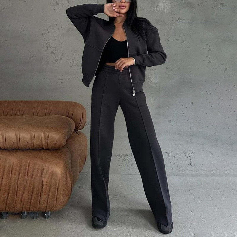 Women's 2 Piece Sweatsuit Set, Fall Zip Up Long Sleeve Sweatshirt Jacket And Wide Leg Sweatpants