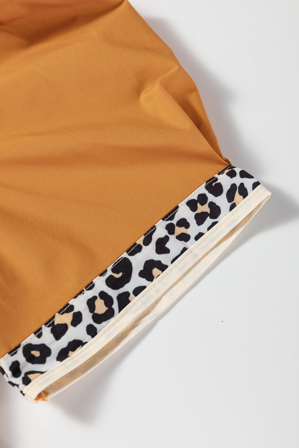 Buckskin Contrast Leopard Trim Split Neck Puff Sleeve Blouse