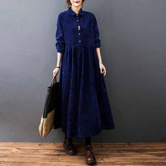 Autumn Clothing New Women's Clothing Plus Size Leisure Warm Corduroy Lapel Long Dress