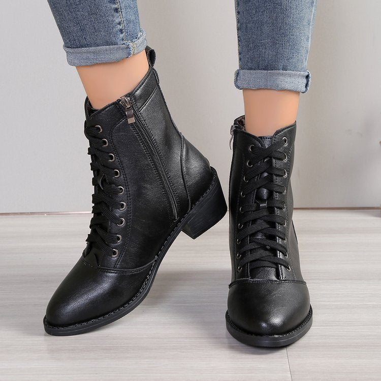 British Style Women's Casual Trend High-top Zipper Fashion Leather Boots