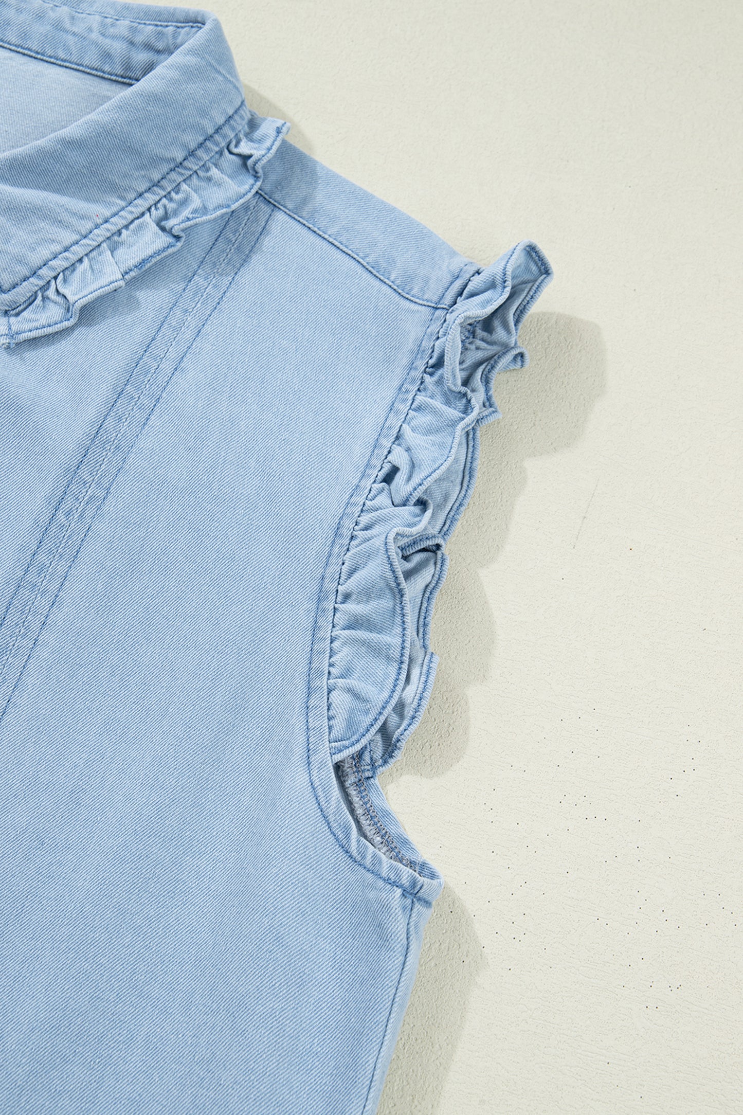 Beau Blue Ruffled Edge Collared Shift Denim Dress with Pockets