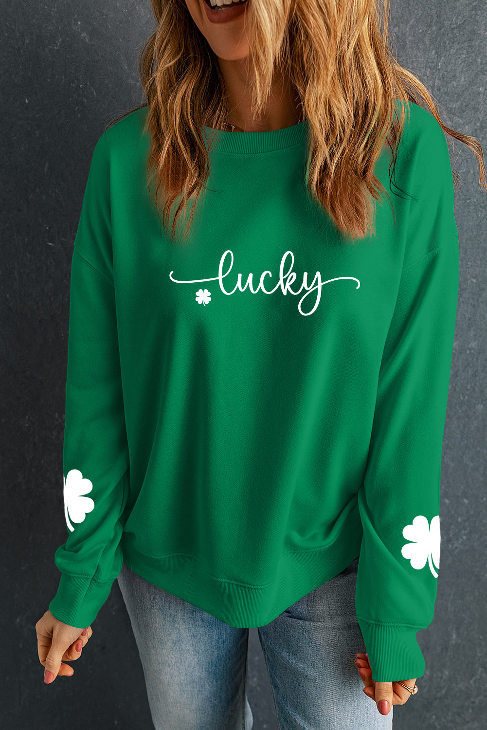 Dark Green Lucky Four Leaf Clover Graphic St Patricks Pullover Sweatshirt