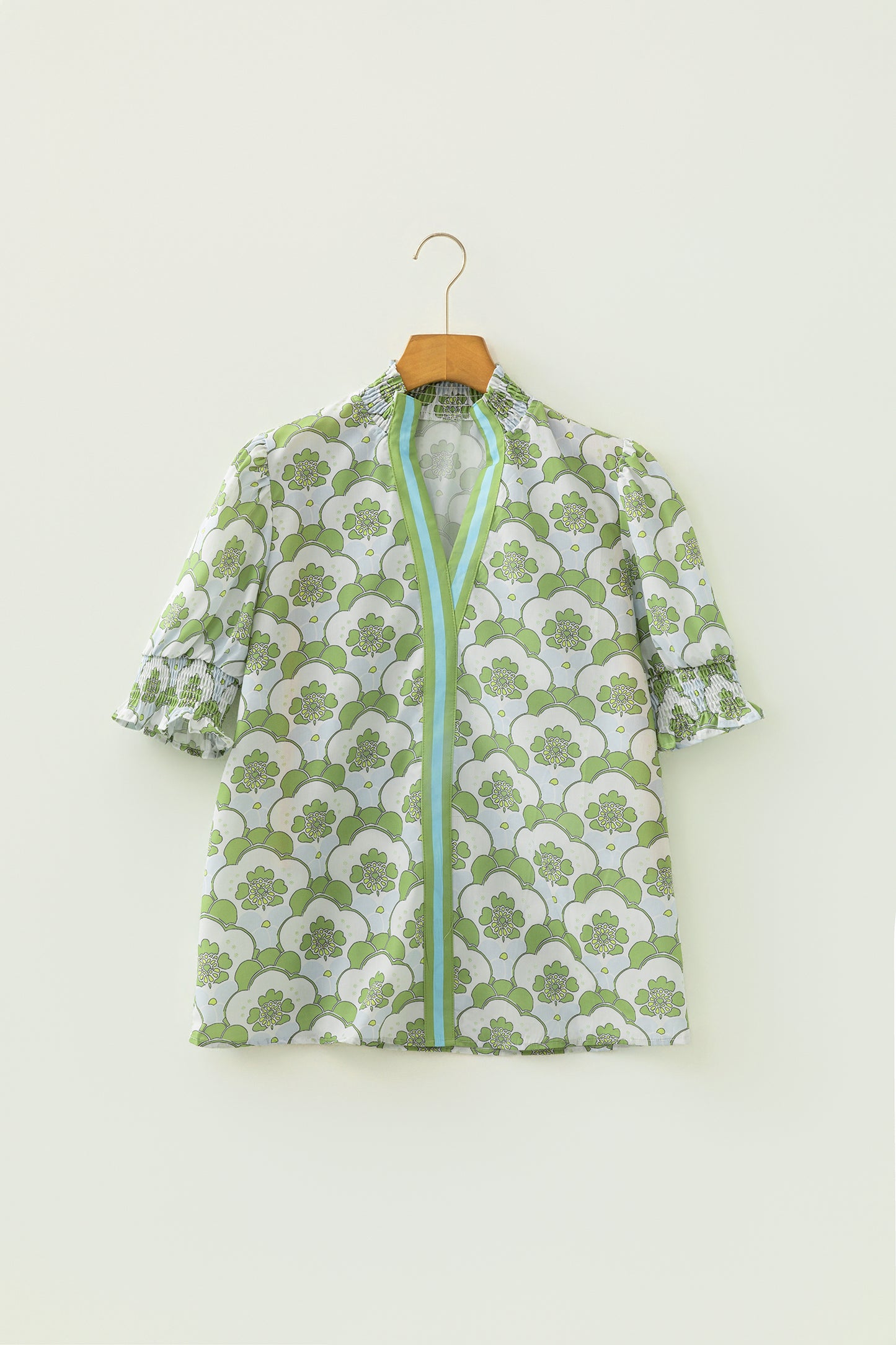 Green Floral Clouds Ruffled Short Sleeve Summer Blouse