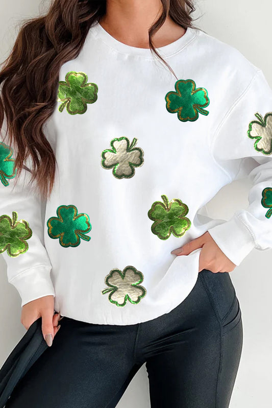 White Four Leaf Clover Patched Graphic St Patricks Sweatshirt