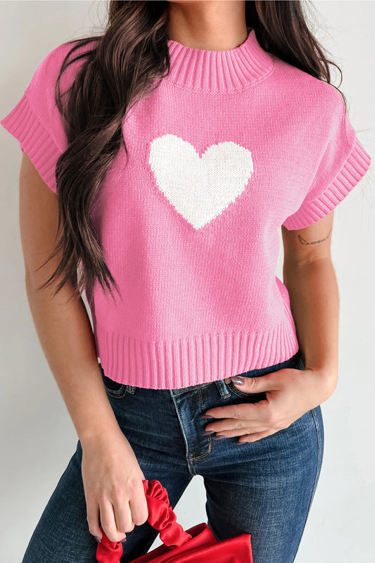 Pink Valentine Heart Graphic Cropped Short Sleeve Sweater