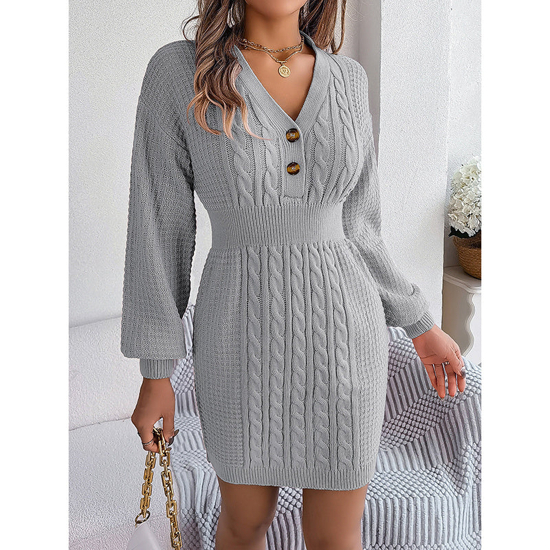 Women's Cable Knit Sweater Dress - V-Neck Button Front Lantern Sleeve Bodycon Mini Dress