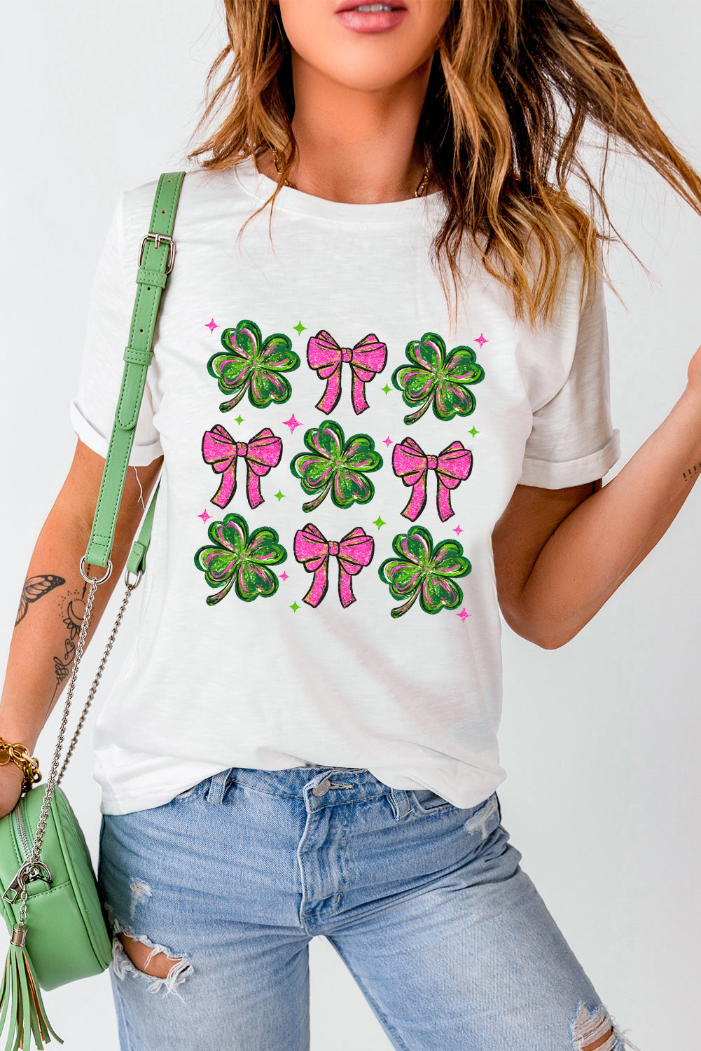 White St Patrick Shamrock Bowknot Printed Crewneck Tee