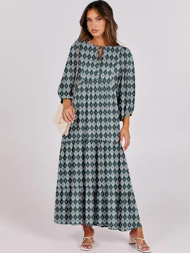 Geometric Print Puff Sleeve Dress Plus Size Women's Clothing