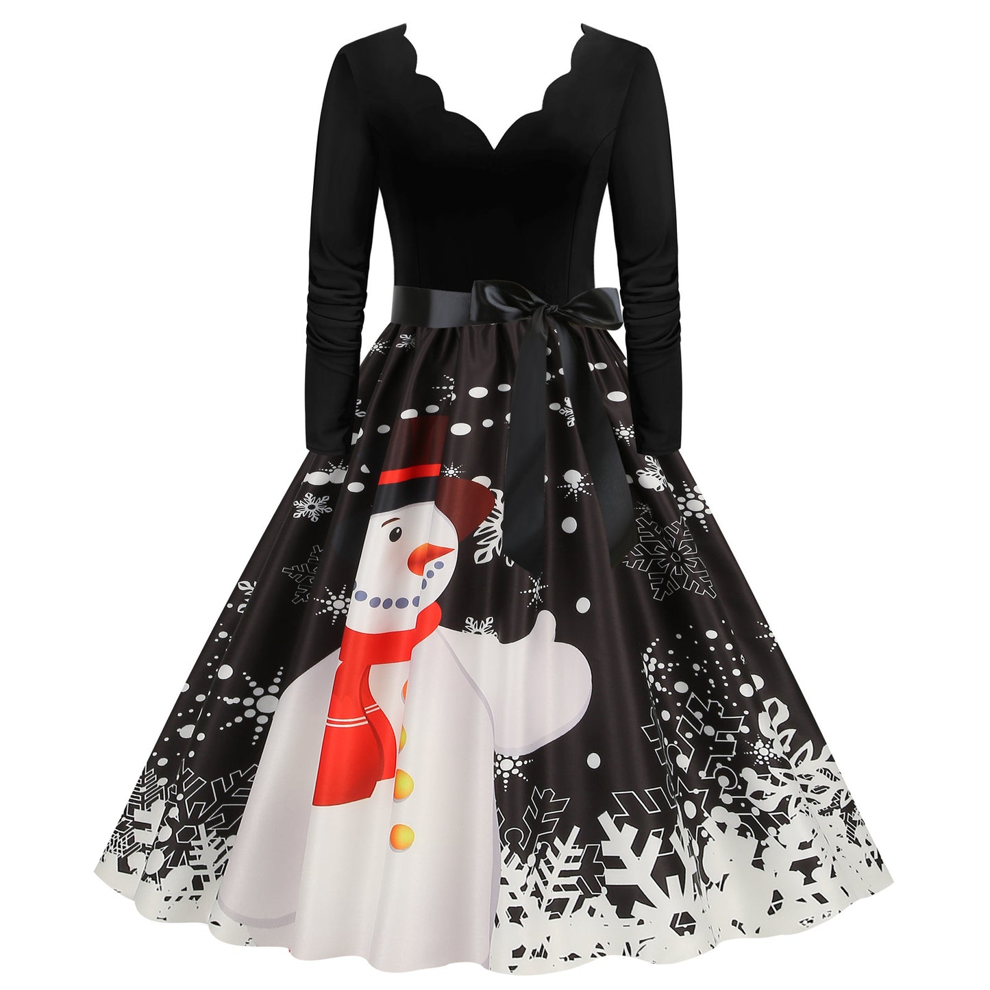 V-neck Long Sleeve Stitching Printing Retro Wide Hem Skirt