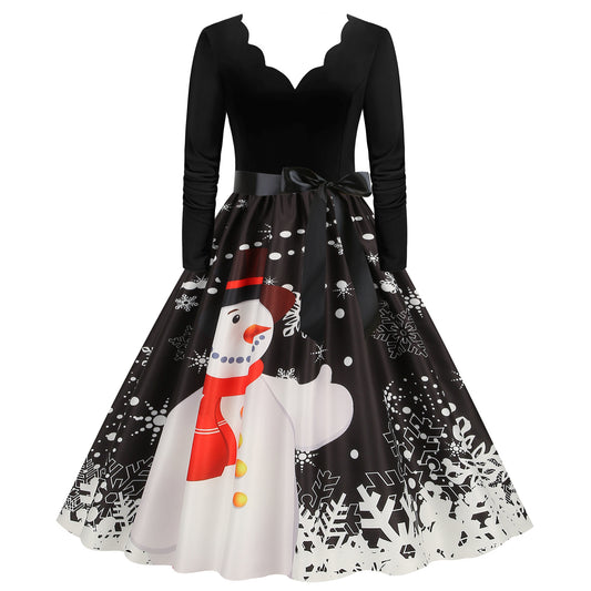 V-neck Long Sleeve Stitching Printing Retro Wide Hem Skirt