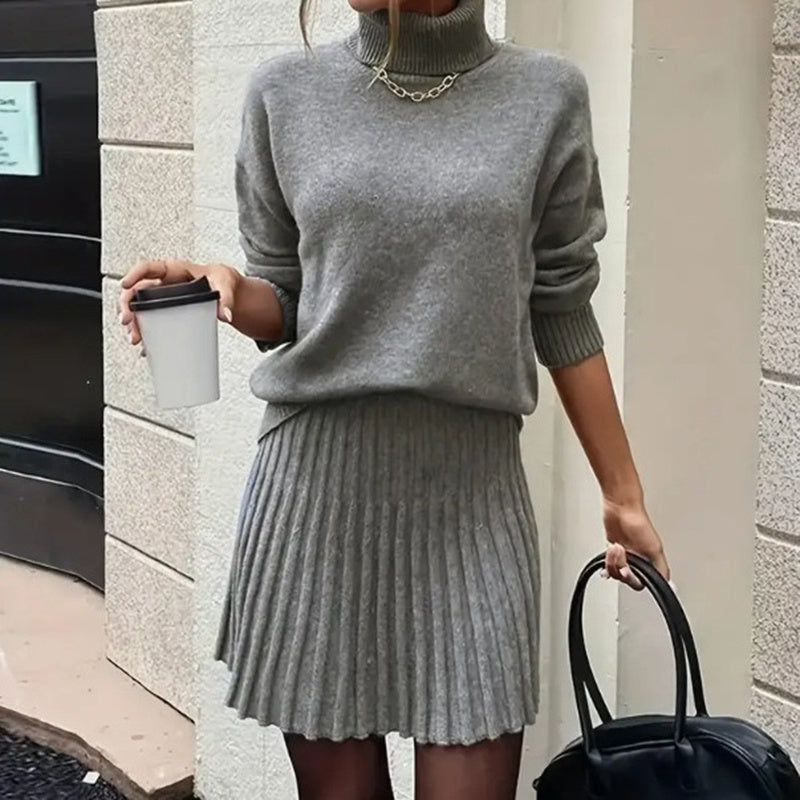Women's Ribbed Knit Two Piece Set, Long Sleeve Turtleneck Pullover And Mini Skirt Outfit