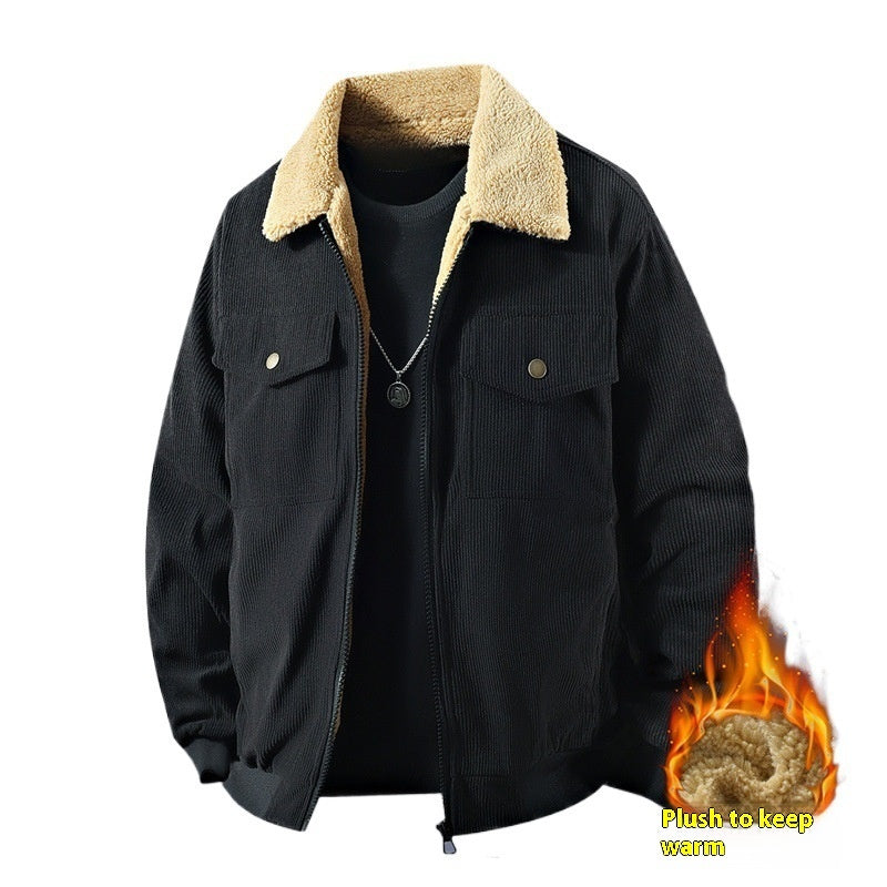 Fleece Corduroy Cotton Coat Jacket Men's Loose Casual Polo Collar Coat