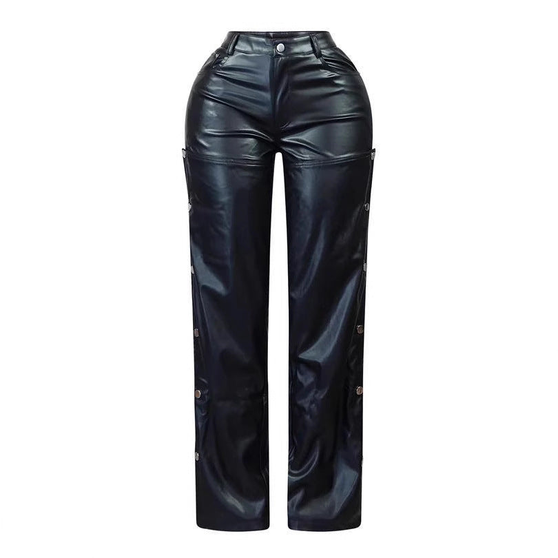 Fashion Sexy High Waist Slimming And Straight Hollow Leather Pants