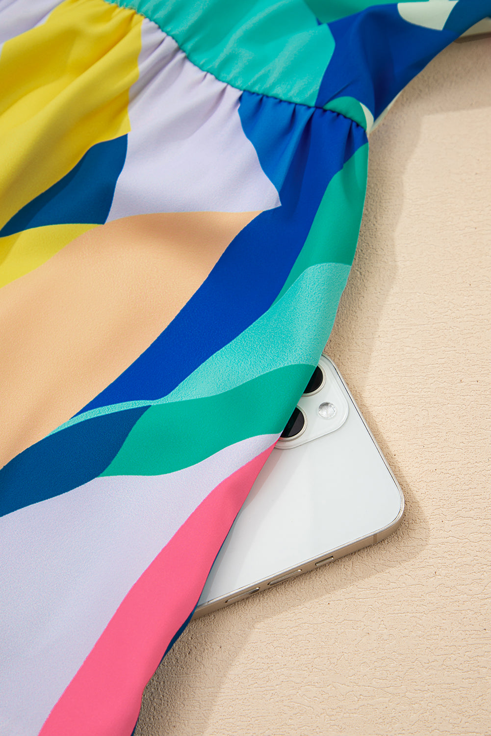 Blue Abstract Print V Neck Cap Sleeve Pocketed Mini Dress