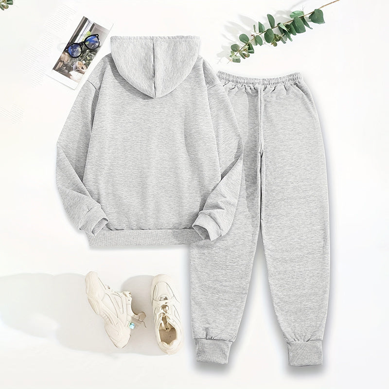 Women's Solid 2-Piece Set Letter Print Hoodie With Pocket & Drawstring Jogger Pants Casual Tracksuit