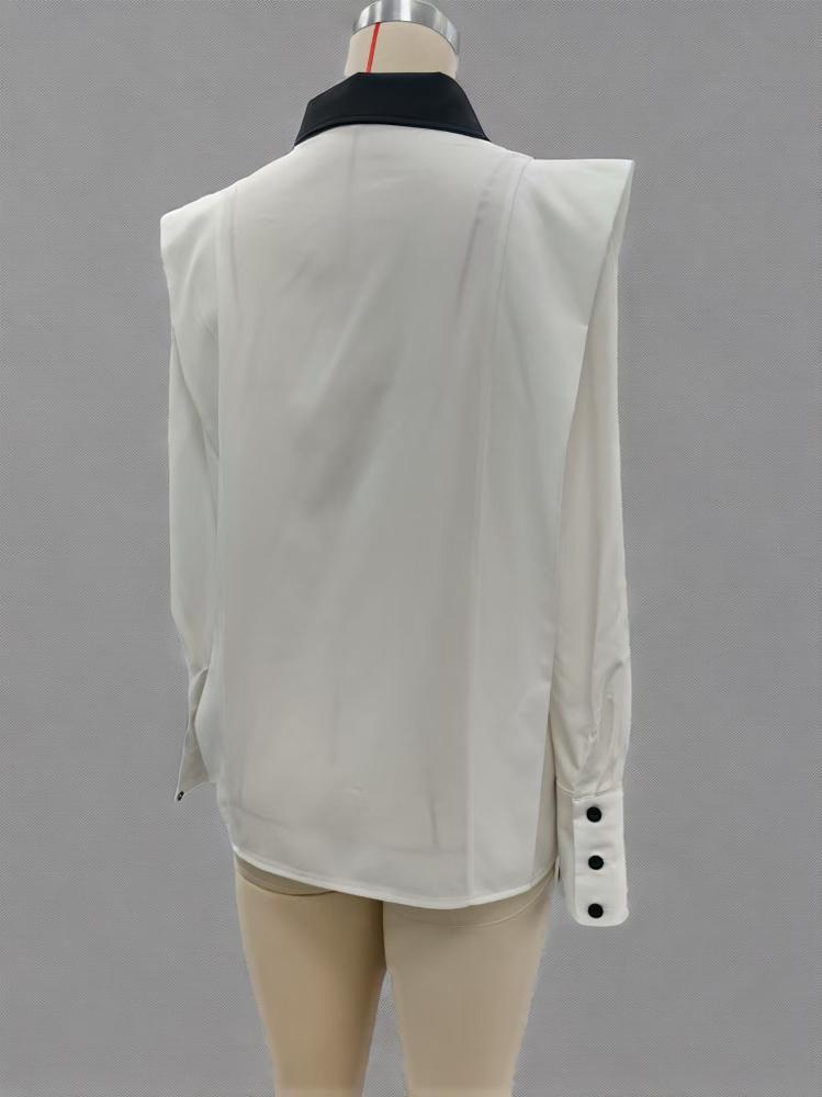 Women's Black & White Colorblock Button Down Shirt, Elegant Long Sleeve Collared Blouse, Office Work Tops
