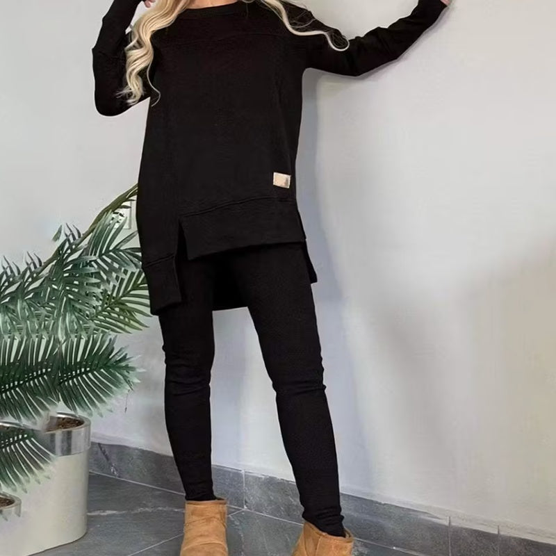 Women's 2-Piece Lounge Set, Casual Long Sleeve Side Slit Sweatshirt Outfit With Stretchy High Waist Leggings