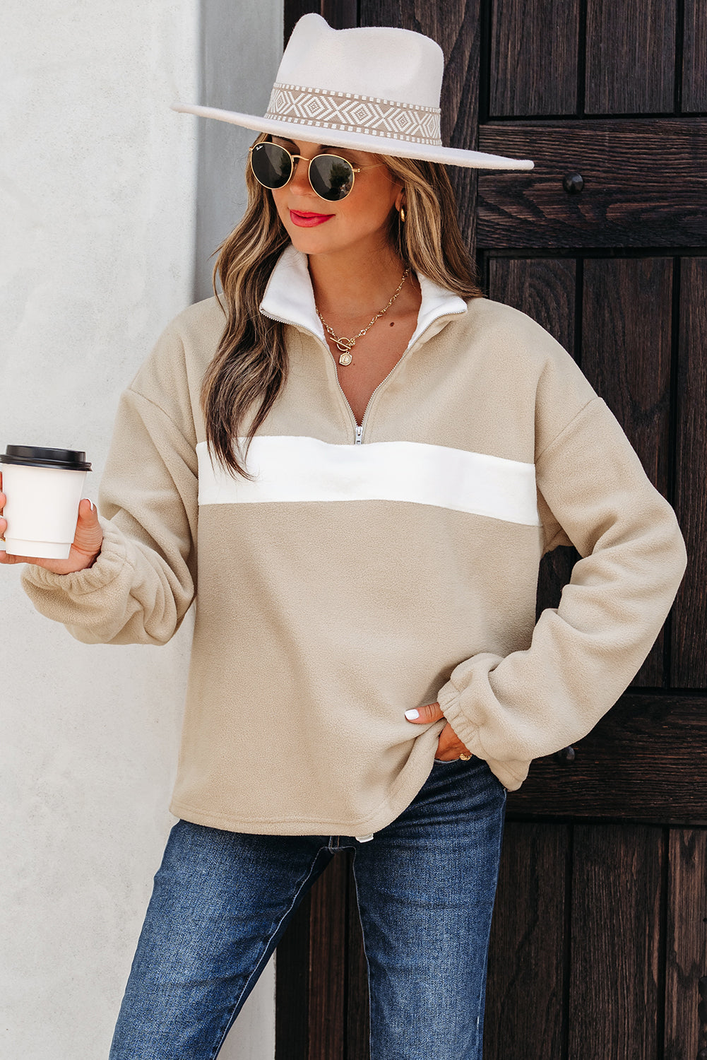 Parchment Fleece Colorblock Patchwork Zipped Neck Pullover Sweatshirt