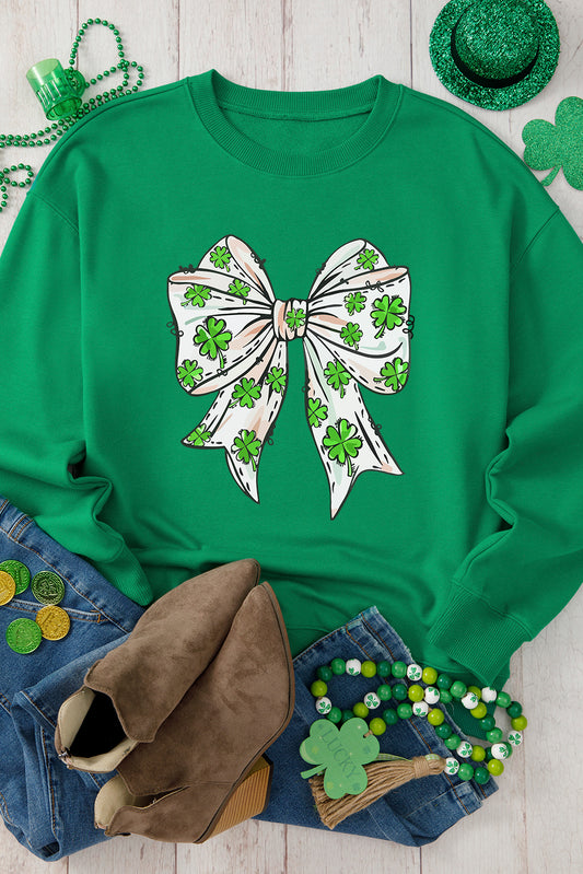 Dark Green St Patricks Clover Bow Printed Drop Shoulder Sweatshirt