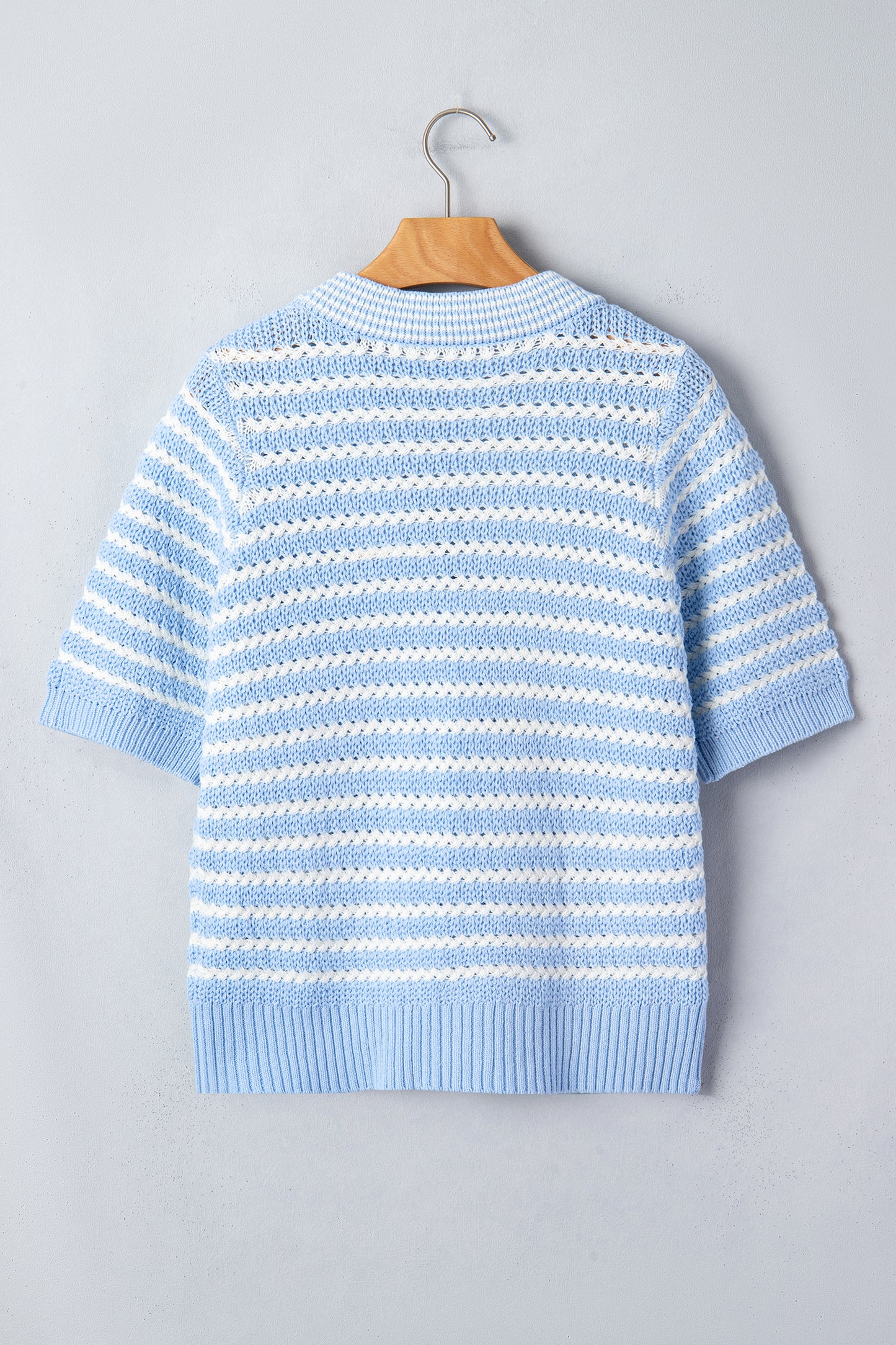 Sky Blue Stripe Short Sleeve Knit V Neck Bow Knot Sweater