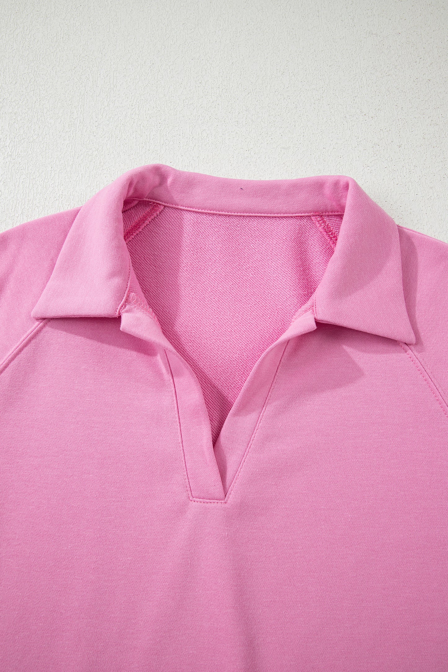 Bright Pink Polo Collar V Neck Pullover and Drawstring Sweatpants Set