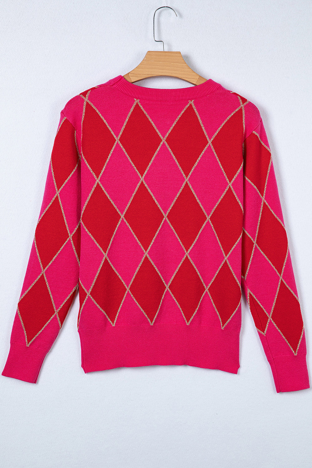 Rose Red Glitter Rhombus Pattern Knit Womens Casual Sweater